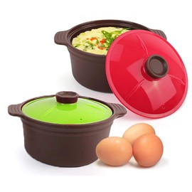 (Set of 2) Microwave Silicone Food Steamer with Handle & Lid, Kitchen Nonstick Egg Steaming Pot, Dishwasher & Oven Safe up to 482 °F, Easy to Clean, Made in Korea (20.3 Fl Oz (600ml, 2.5 Cups), Colored Lid)