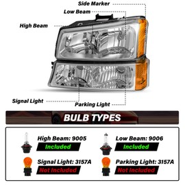 BRYGHT 4PCS Fits for 2003 2004 2005 2006 Chevy Silverado Headlight Assembly 03-07 Avalanche 1500 2500 3500 HD NON Body Cladding w/ Bumper Lights, Chrome Housing & Amber Reflector with Bulbs