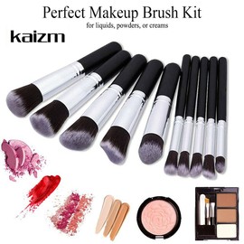 MAXPERKX 10pcs Kabuki Make up Brushes Set Eye shadow Blusher Face Buffer Powder Foundation Brush Contour Eyeshadow Makeup 10 Pieces Professional Cosmetic Foundation Tool (Black & Silver)