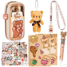 Motipuns 106 Pcs Kawaii Bear Stationery Set Including Bear Pencil Case Multicolor Pen Stickers Notebooks Keychain ID Badge Lanyard Kawaii Office Supplies Gift Set for Teen Girls School Stuff Supplies