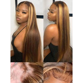 Ladoux Ombre Honey Blonde 13x6 HD Transparent Straight Lace Front Human Hair Wigs for Women 180% Density 4/27 Colored Highlight Curly Glueless Straight Wigs 20Inch Pre Plucked with Baby Hair