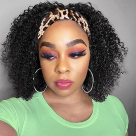 Headband Wig Human Hair Deep Wave 10 inch None Lace Front Wig Human Hair Machine Made Wigs Glueless Curly Hair Headband Half Wigs for Black Women Human Hair Natural Color