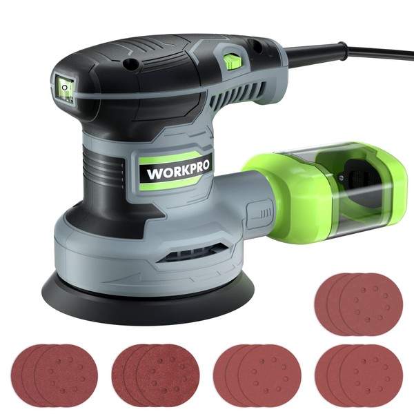 WORKPRO 5-Inch Random Orbit Sander, 6 Variable Speeds 7000 to 14000 RPM, 2.5 Amp Electric Sander for Woodworking with Dust Collector, 15pcs Sandpapers