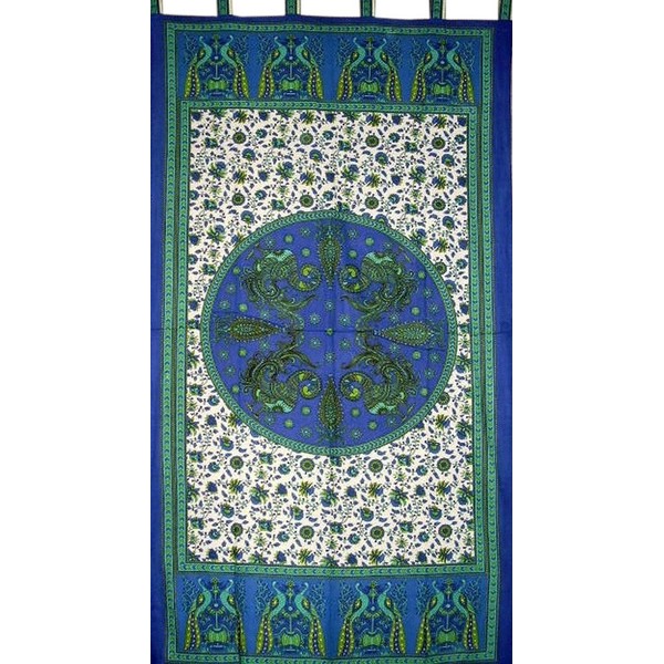India Arts Peacocks Tab Top Curtain Drape Panel Cotton 44" x 88" Blue