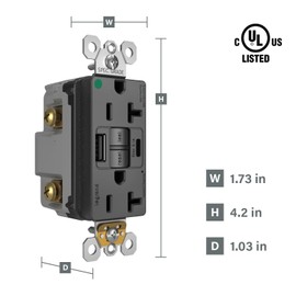 Legrand 20 Amp Hospital Grade GFCI USB Type A/C Wall Outlet Black 1 Pack