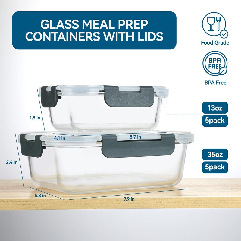 BAYZZ 10 Pack Glass Meal Prep Containers, Glass Food Storage