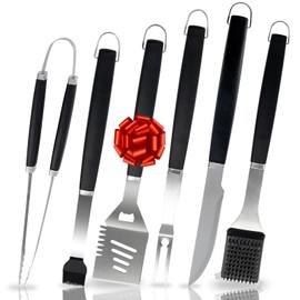 Supernal Heavy Duty Grill Tools Set with Extra Thick Stainless Steel Multi-Function Spatula Grill Brush Long Fork Large Handle Basting Brush Knife & Tongs 6pc Grilling Accessories Ideal Gift for Dad