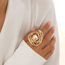 Uarein Chunky 14K Gold Aesthetic Ring Hollow Twisted Pearl Finger Rings Irregular Geometric Statement Rings Trendy Jewelry Accessory Presents for Women Wife (Gold)