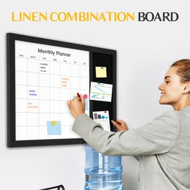 Dry Erase Calendar Whiteboard for Wall, WALGLASS 36" X 24" Linen Calendar White Board Combo with Aesthetic Wood Framed, Dry Erase Bulletin Board Hanging Wall Mounted for Home, School, Office, Kitchen