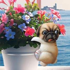 MonyPlay Cute Dog Figurines Hanging Flower Pot Hugger Resin Puppy Figure Vase Hugger Ornament Funny Pug Planter Pot Hanger for Garden Decorations (Brown, 12.5cmx6cmx8cm)