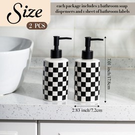 2 Pack Checkered Bathroom Soap Dispenser with 6 Waterproof Labels Ceramic Hand and Dish Soap Dispenser Set Christmas Black White Buffalo Plaid 10 oz Refillable Bottle Container Bathroom Kitchen Decor