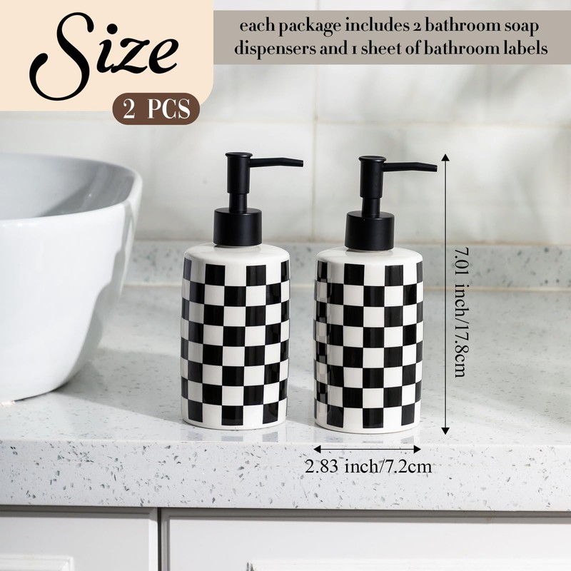 2 Pack Checkered Bathroom Soap Dispenser with 6 Waterproof Labels