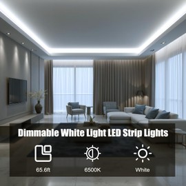 MYPLUS 65.6FT White Strip Lights, Dimmable LED Tape Light 6500K Bright Daylight White, Flexible Under Cabinet Lights with 1200 LEDs and UL Listed Safety Power Supply for Room,Kitchen and décor