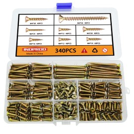 Indprod M4 Flat Head Wood Screws Assortment Kit 340 Pcs,Phillips Drive Countersunk Flat Head Self-Tapping Wood Screws,Yellow Zinc Plated Finish Screw Kit,Self Tapping Screws for Metal,Full Thread