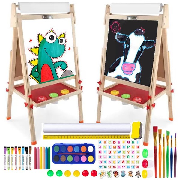 DLone Easel for Kids with 1 Drawing Paper Roll, Wooden Art Easel Double-Sided Whiteboard and Chalkboard Adjustable Standing Easel,Magnetics, Numbers and Others,for 3,4,5,6,7,8 Years Old Boy & Girls
