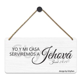 Inspirational Bible Verse Wooden Hanging Sign Plaque - Yo Y Mi Casa Serviremos a Jehova, Rustic Style Retro Wall Art Wood Hanging Wall Plaque Christian Sign Decor 5 x 10 Inch