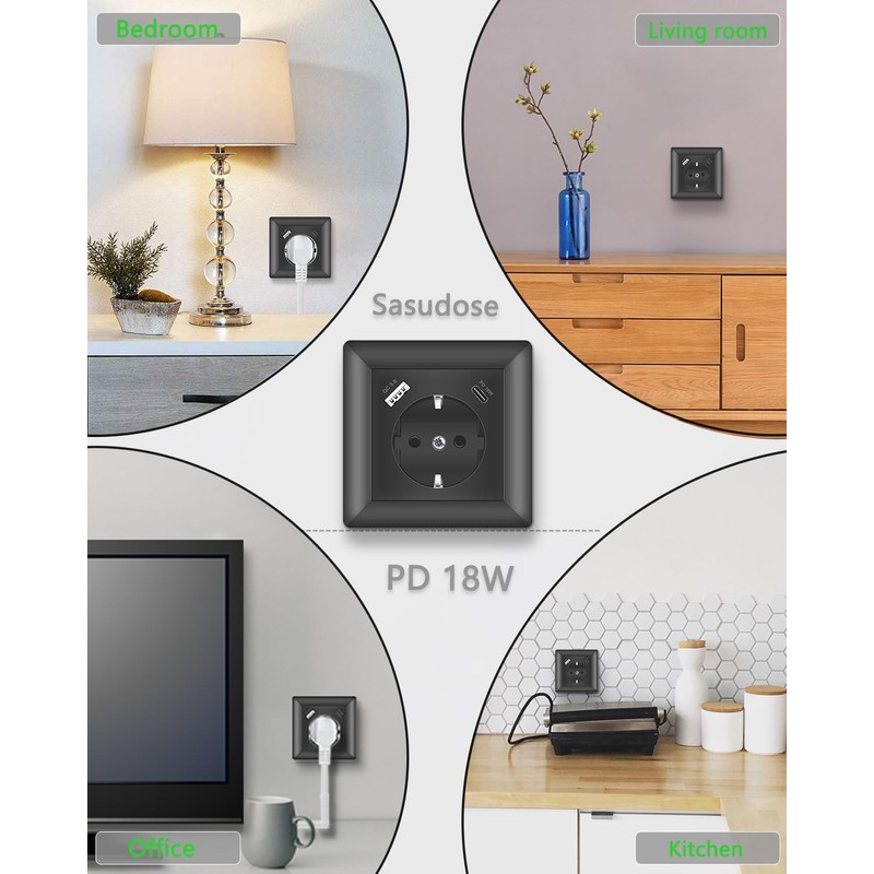Sasudose USB Socket Flush-Mounted Grey 18 W Quick Charge System