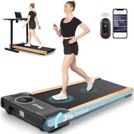 FUNMILY Walking Pad Treadmill with Incline,2.5HP Brushless Wooden Under Desk Treadmill with Smart APP,300 Lb Capacity,2 in 1 Portable Walking Treadmills for Home with Remote Control and LED Display