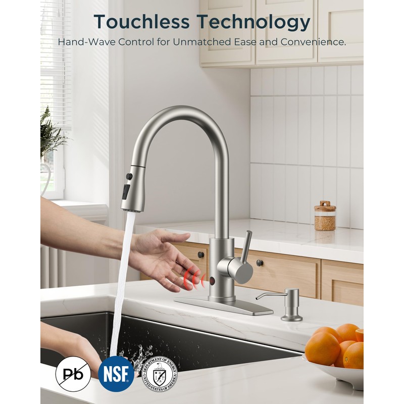 FORIOUS Touchless Kitchen Faucet with Soap Dispenser, Brushed Nickel, Hands-Free,