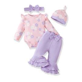 Renotemy Newborn Girl Clothes Outfit Fall Winter Baby Girl Newborn Essentials Preemie Baby Clothes Ruffle Sleeve Coming Home Outfits Gifts Purple Bell Bottom Romper Pants Bodysuit Clothing Set