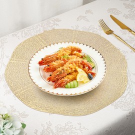 fanquare Round Placemats Set of 6, 15" Lotus Leaf Hollow Out Vinyl Dining Table Mats Washable Metallic Plastic Mats for Kitchen Wedding Party, Gold