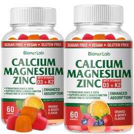 Calcium Magnesium Zinc Gummies with Vitamin D3 & K2 - High Potency Enhanced Absorption - Orange and Berry Flavored