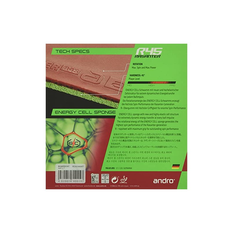 andro 110021093 Table Tennis Rubber Razantar R45 Soft Back UM