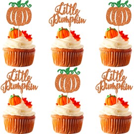 24 piezas de adornos de calabaza, decoración para cupcakes con purpurina para baby shower con temática de otoño, decoración para cupcakes de calabaza, cosecha de Acción de Gracias, decoración de pasteles para fiestas de cumpleaños para niños, suministros