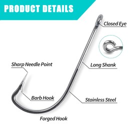 JSHANMEI ® 50pcs/pack Strong Stainless Steel O'shaughnessy Hooks 34007 Long Shank Saltwater Hook Trolling Fishing Hooks Set (2/0)