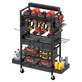 CCCEI Garage Power Tools Organizer Cart with Charging Station, Red Floor Standing Rolling Drill and Tools Battery Storage Cart on Wheels. Utility Rack Gift for Men, Husband, Father.