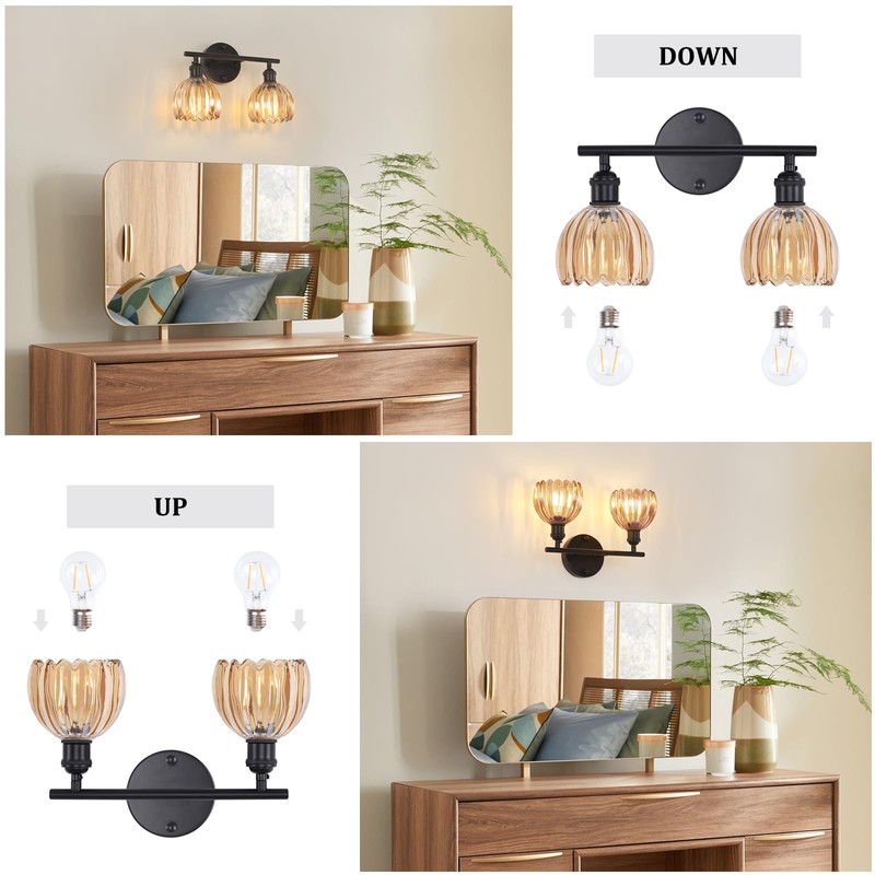 Shenmoyl Bathroom Light Fixtures, 2-Light Black Vanity Wall Light Over