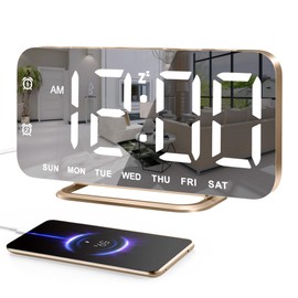 Slim LED Digital Alarm Clock, Mirror Surface for Makeup, with Diming, Large Display, Easy Setting, USB Ports, Modern Decor for Bedroom, Desk, Xmas, Birthday Gift for Women, Sister, Teen Girl, Gold