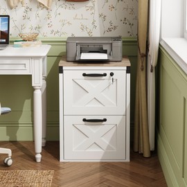 DEVAISE 2 Drawer File Cabinet with Lock, Wood Farmhouse Filing Cabinet for Home Office, Printer Stand Fits Letter and A4 Size, White