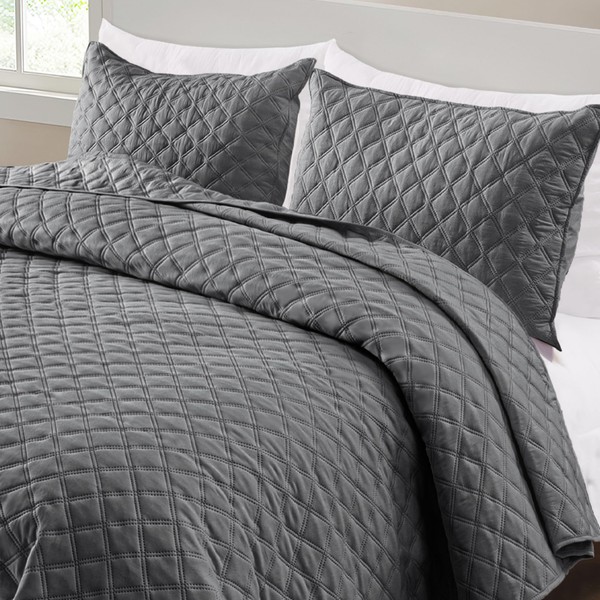 Exclusivo Mezcla Quilt Set King Size, Soft Gray Quilts Coverlets for All Seasons, Lightweight Modern Bedspreads Bedding Set with Pillow Shams, Grid Pattern