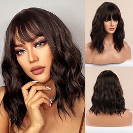 Pelucas Bob Cortas Onduladas Claro con Flequillo Peluca al Hombro Rizada y Ondulada Pelucas Cosplay de Sintético para Mujer (Marrón Negro)