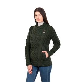 SAOL Irish Cardigan for Women Made of 100% Merino Wool Ireland Sweater Cable Knit Zip Jacket (Army Green, Small)
