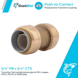 SharkBite 3/4 Inch Polybutylene Transition Coupling, Push to Connect Brass Plumbing Fitting, PEX Pipe, Copper, CPVC, PE-RT, HDPE, U4016LFA