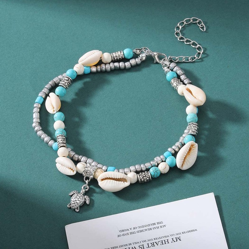 Chaioe Boho Double Beads Anklet Turtle Ankle Bracelets Shell Foot