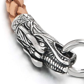 COOLSTEELANDBEYOND Mens Steel Dragon Bangle Bracelet Genuine Light Brown Braided Leather Wristband Silver Black Two-Tone