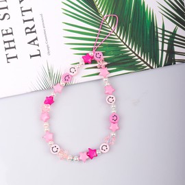 Phone Charm Lanyard, 1Pcs Smiley Face Beaded Phone Charm Strap Colorful Star Smiley Soft Ceramic Keychain for Women Girls (Pink)