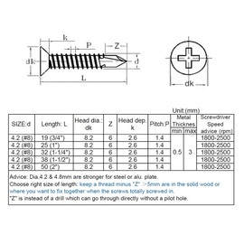 100pcs 4.2 * 65mm Self Tapping Screw Cross Countersunk Drill Tail Self Drilling Screws Wood Screws for Metal 65mm Zinc Plated Iron