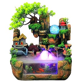 DNYSYSJ Tabletop Waterfall Fountain with Rockery, Mini Silent Indoor Ornament Desk Water Fountain Desktop Simulation Resin with Atomizer LED Small Fish Tank for Office Bedroom Home Decor Fisherman