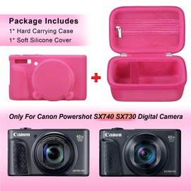 Canboc Case for Canon PowerShot SX740 SX730 HS Digital Camera, 1* Hard Carrying Case + 1* Soft Silicone Protective Cover with Removable Lens Cover, Rosered (Case Only)