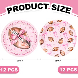 24Pcs Pink Bow Football Paper Plates, Touchdowns or Tutus, 7In