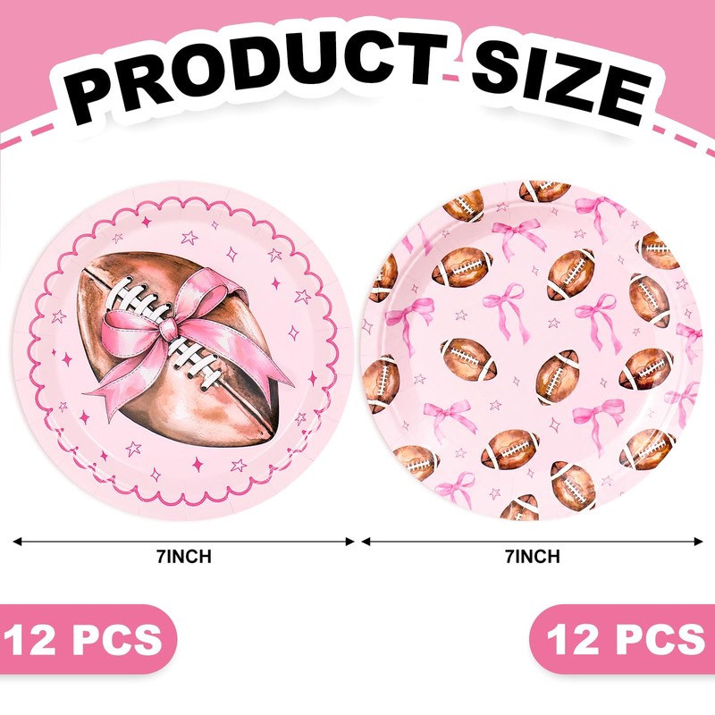 24Pcs Pink Bow Football Paper Plates, Touchdowns or Tutus, 7In