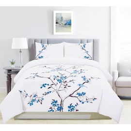Superior Cherry Garden Cotton 200 Thread Count Duvet Cover Set, Comforter Cover, Bed Essentials, Embroidered Cherry Tree with Birds, Includes 1 Duvet Cover, 2 Pillow Shams, Full/Queen, Blue