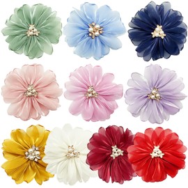 10pcs Glossy Chiffon Fabric Flowers Appliques 3.5" Flat Back Shiny for Party Wedding Decor Tassel Topper Decoration Gift Wrapping Clothing Hair Accessories DIY Craft
