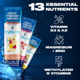 Hyburst Energy + Hydration Amplifier - Multivitamin Electrolyte Powder Packets with Vitamins D3 K2 & B6 B12 | L-Theanine, Cane Sugar, Caffeine Free Energy Drink Powder | Variety Pack, 15 Pack