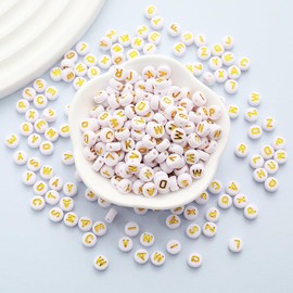HERZWILD Round Beads for Threading 1000 Pieces Emoji Threading Beads Smiley Beads Craft Beads Colourful A-Z Smile Beads for Jewellery Crafts (47 Gold/White Beads)
