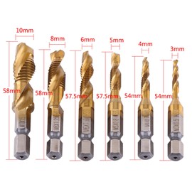 Drill and Tap Bit, 6Pcs Tap and Die Set or Metric Thread M3-M10 Titanium Coated HSS Drill and Tap Bits 1/4" Hex Shank Fluted Screw Thread Plug Tap Use for Tapping Various Threads